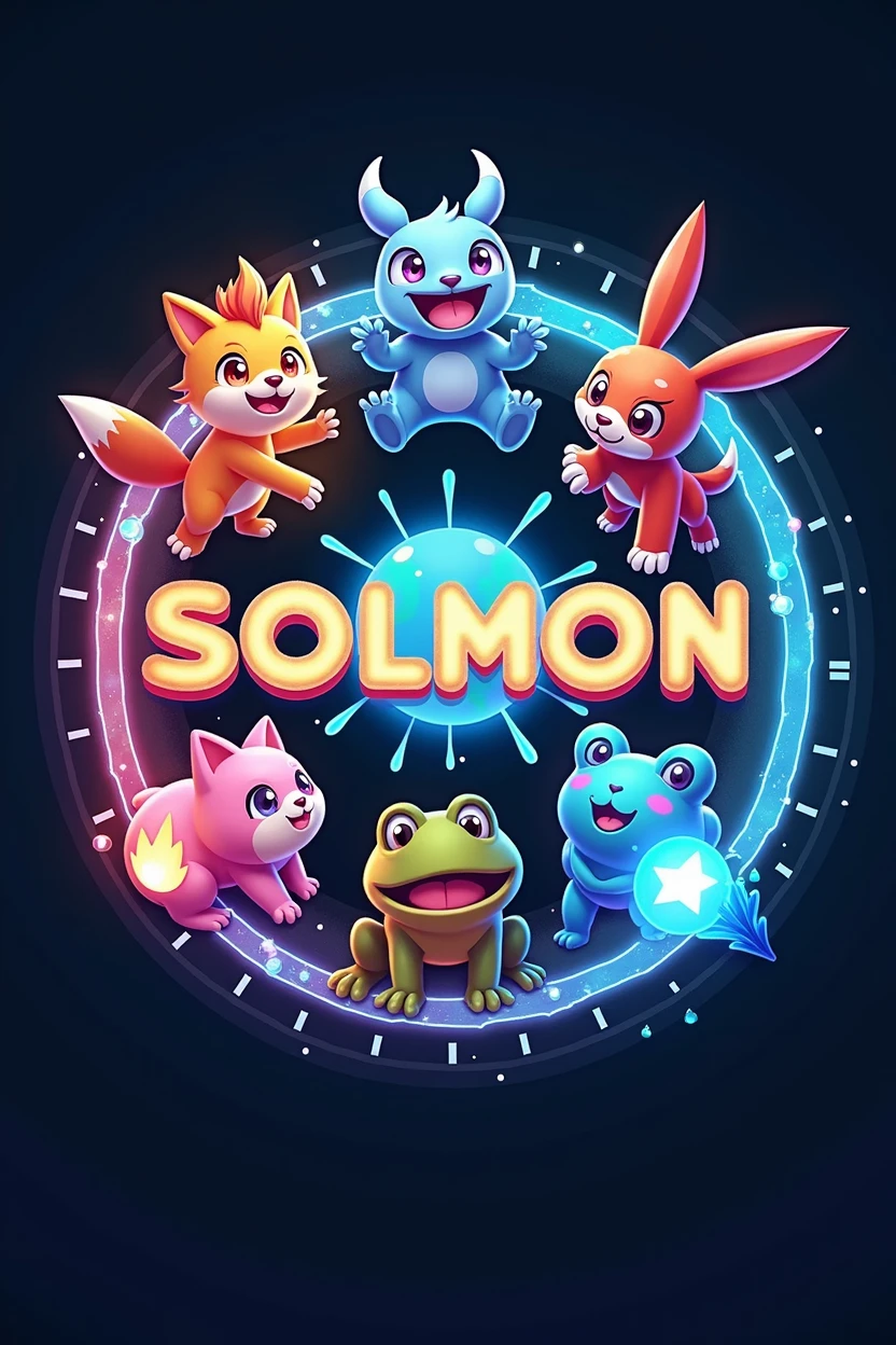 Design a circular logo for 'SOLMON - Solana Monsters' that encapsulates a playful yet powerful aesthetic, similar to the Pokémon style, with a focus on elemental-themed animals. The logo should prominently feature five stylized pets: a cat, dog, bull, frog, and rabbit. Each pet should embody a distinct elemental theme (e.g., fire, water, earth, air, electricity), and their design should reflect this through vibrant colors and dynamic poses.

The pets should be positioned around a central emblem that represents the 'Solana' theme, perhaps using a glowing orb or digital symbol. The pets can either encircle the emblem or be integrated into the design in a way that feels cohesive and balanced.

The circular border of the logo should have subtle textures or gradients reminiscent of digital or cosmic elements, enhancing the futuristic and magical vibe. The text 'SOLMON' should be prominently displayed within the circular design, using bold, rounded typography that is both friendly and adventurous.

Around the text and emblem, incorporate small details like digital sparks, stars, or waves to give the logo an otherworldly, magical vibe. Ensure the overall design is clean, balanced, and visually striking, making it easily recognizable and suitable for branding purposes."

This prompt will guide the creation of a circular logo that features the specific pets and integrates the elemental themes, while maintaining a modern and appealing style similar to Pokémon.