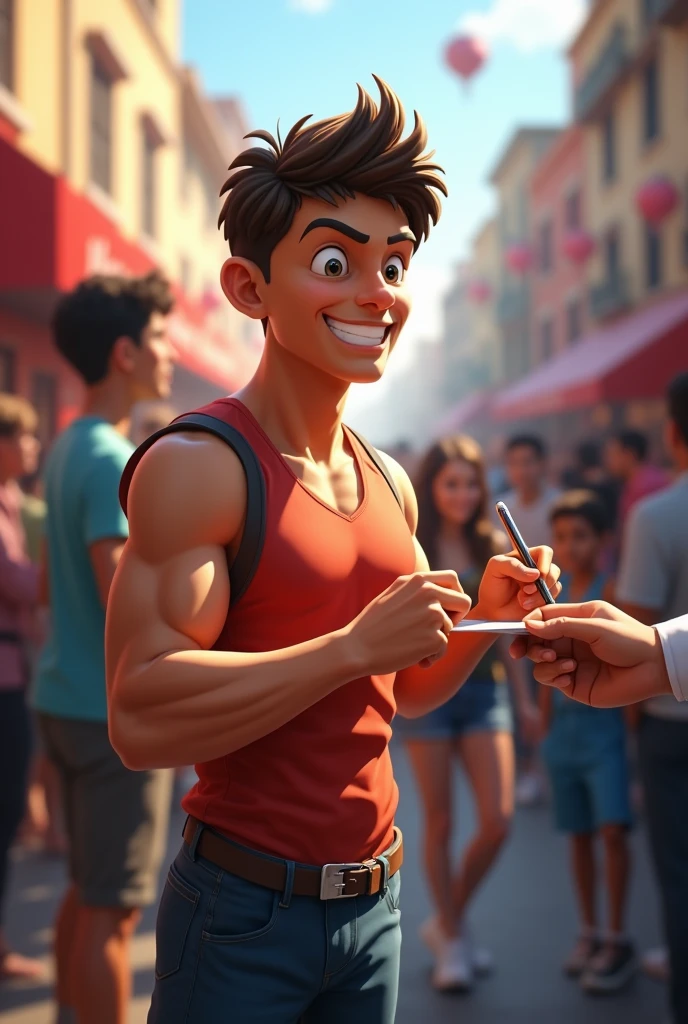 A muscular boy asking for an autograph