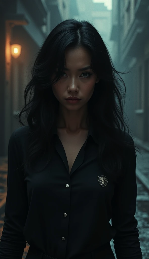 A woman wearing a black shirt with a wavy and long black hair and wearing a detective member sign