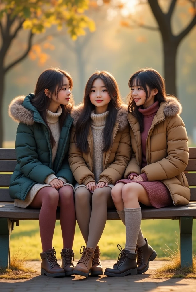 Three beautiful girls wearing down jackets、14years、Knitted skirt、knit tights、Sit on a park bench、