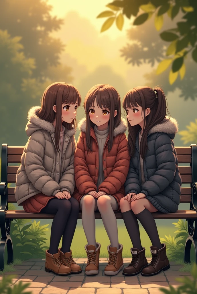 Three beautiful girls wearing down jackets、14years、Knitted skirt、knit tights、Sit on a park bench、