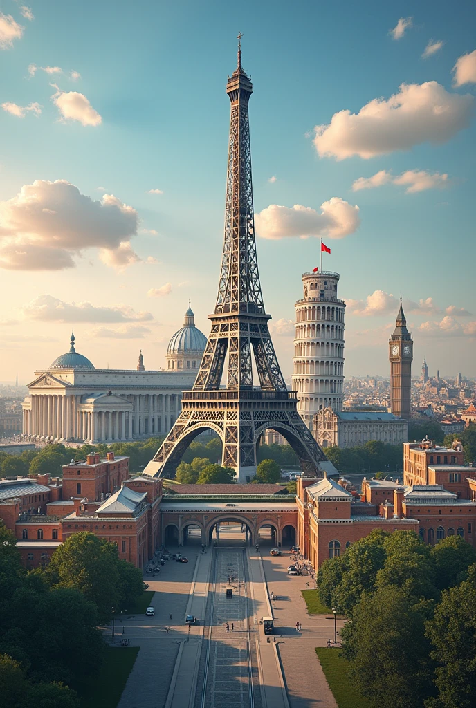 Create a picture with the Eiffel Tower, Brandenburg Gate, dem Colluseum, big ben, Leaning Tower of Pisa, .
