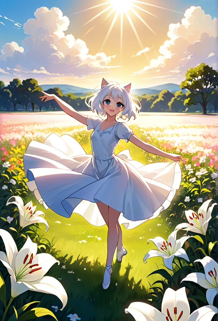 “Create an image titled ‘The Path to a Dancer: Take’ featuring Lily, the anime-style white cat with big, expressive eyes. Lily is dancing with joy and confidence in a sunlit field, her movements graceful and full of passion. The scene should reflect her newfound self-assurance and love for dance, with flowers blooming around her in the warm afternoon light.”