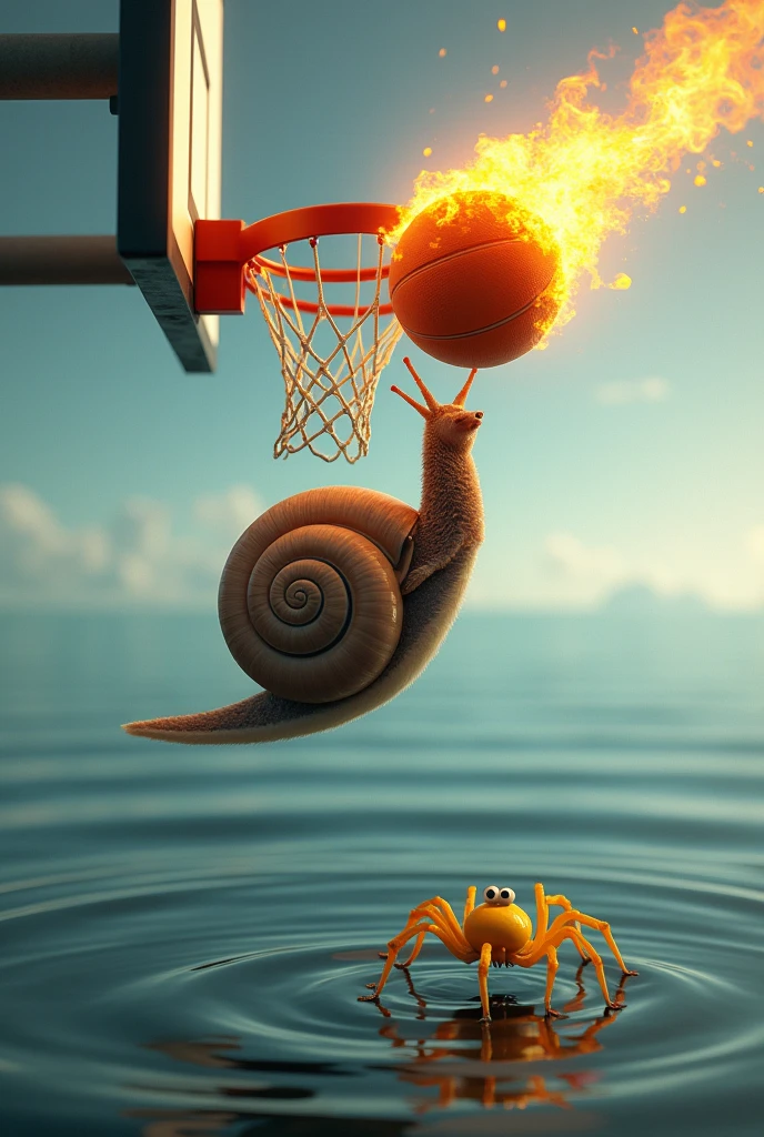 Snail dunking a flaming basketball over the sea while a yellow spider watches from below in fear
