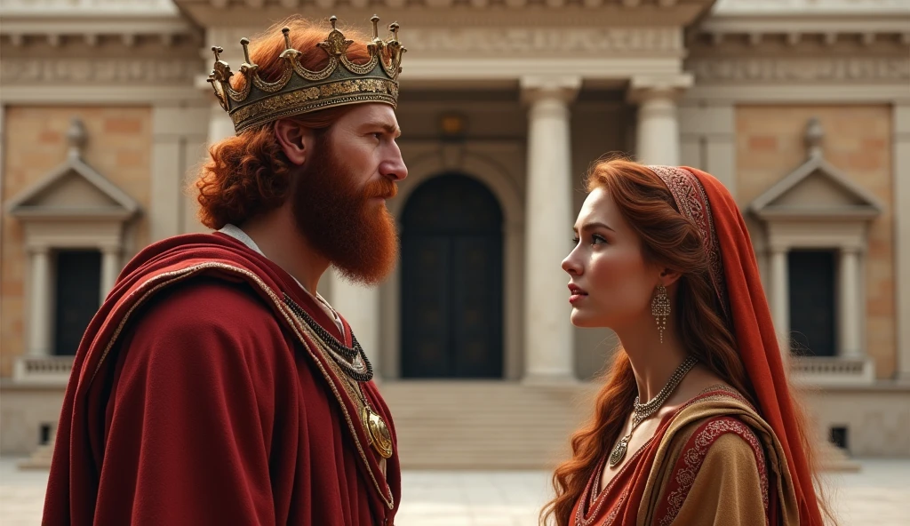 (best quality: 1.4), (Ultra Highres: 1.2), (photorealistic: 1.4), (8k, RAW photo: 1.2). The description of King David's physical appearance is not detailed in the biblical narrative, but her origin suggests that she probably had similar characteristics to other people in the region. He has good-looking red hair and a beard. Without historical-cultural context, the story of man with the appearance of a King, he wears a crown and king's clothes, he is talking to a Samaritan woman, they are worried, they are shown in the image in front of the King's palace
