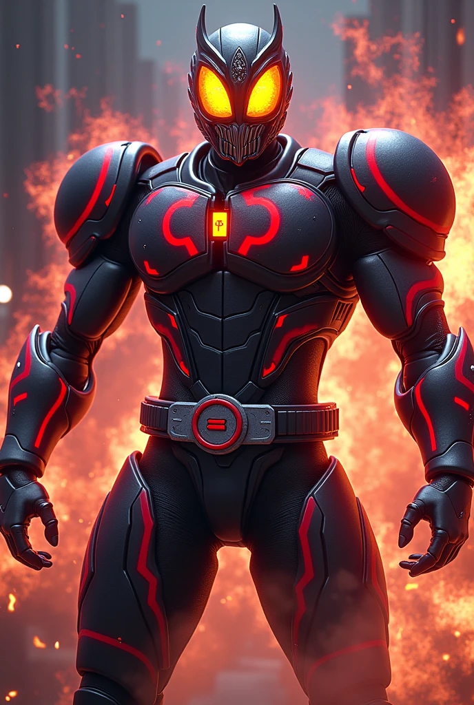 Kamen Rider Faiz 555 Transforms with a cell phone Black body with red lines Silver on chest and other parts Yellow eyes Overall body armor is rounded The Greek letter Φ is used as a motif The face is also round overall Mouth has five jagged fangs