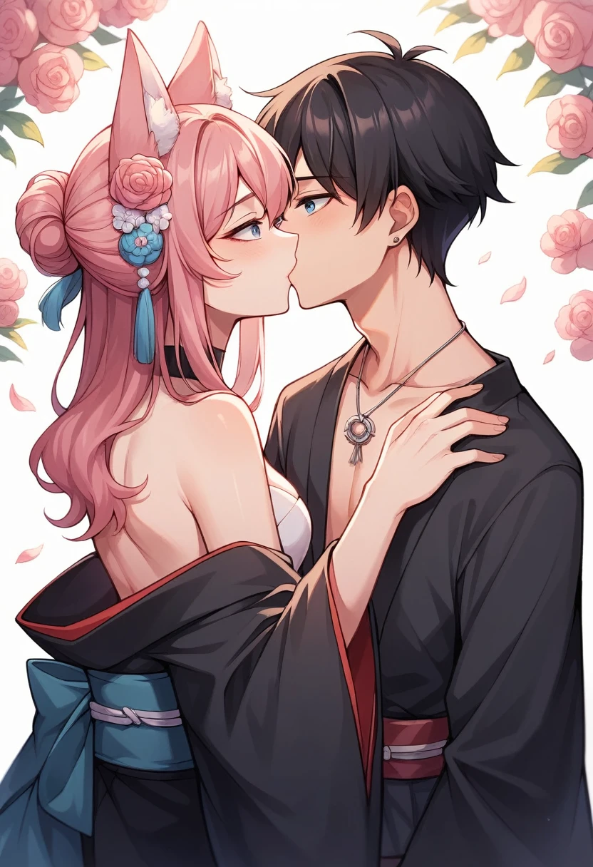 Create an enchanting anime-style illustration featuring two fox-eared people sharing a tender kiss. The first is a male has short, black hair, bright blue eyes, and fluffy black fox ears. He wears a beautiful black kimono adorned with delicate white floral patterns, accented by a deep black obi (belt) tied in a large bow at the back, complemented by a choker necklace with a. The second is a girl is shorter, with long pink hair, large blue eyes, and fluffy pink fox ears. She dons a similar kimono, featuring a predominantly white base with soft pink accents and a distinct floral design. Her obi is also deep pink, tied in a large bow, and she wears a pink flower accessory in her hair. As they kiss, their warm and cheerful expressions convey a deep sense of love and connection. They are surrounded by a soft, pastel background that enhances the overall gentle and heartwarming mood of the scene. The lighting around them is darker, creating a contrast that emphasizes the intimate moment and adds depth to the illustration. This deeper lighting effect adds a touch of mystery and magic to the atmosphere while still maintaining a serene vibe. Ensure the details of their kimonos, hair, and fox ears are intricate and vibrant, capturing the enchanting essence of the characters, They are naked, Showing her boobs
