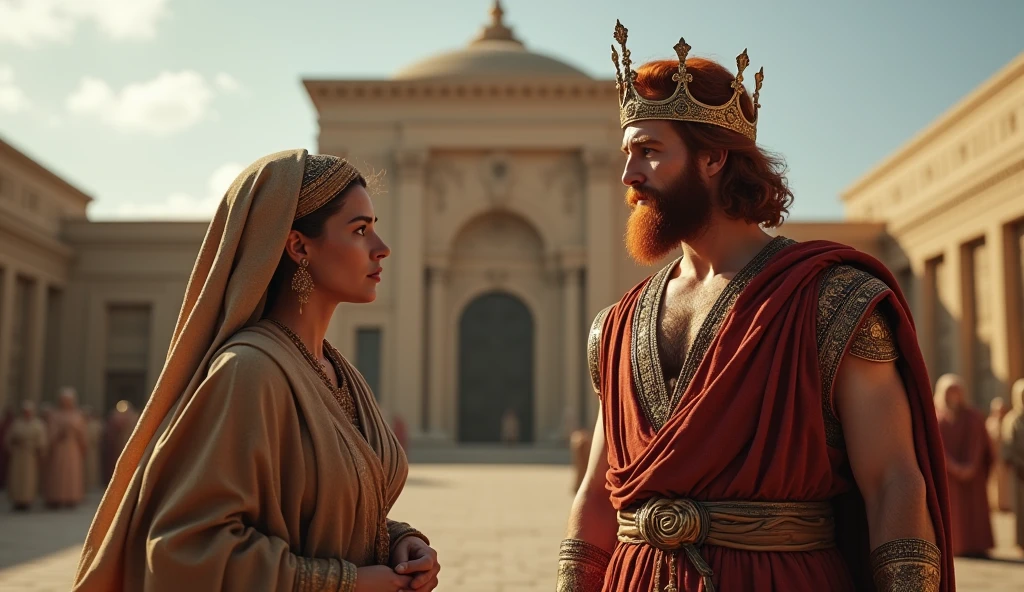 (best quality: 1.4), (Ultra Highres: 1.2), (photorealistic: 1.4), (8k, RAW photo: 1.2). The description of King David's physical appearance is not detailed in the biblical narrative, but her origin suggests that she probably had similar characteristics to other people in the region. He has good-looking red hair and a beard. Without historical-cultural context, the story of man with the appearance of a King, he wears a crown and king's clothes, he is talking to a Samaritan woman, they are worried, they are shown in the image in front of the King's palace