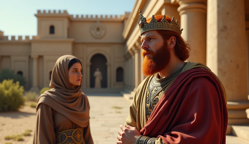 (best quality: 1.4), (Ultra Highres: 1.2), (photorealistic: 1.4), (8k, RAW photo: 1.2). The description of King David's physical appearance is not detailed in the biblical narrative, but her origin suggests that she probably had similar characteristics to other people in the region. He has good-looking red hair and a beard. Without historical-cultural context, the story of man with the appearance of a King, he wears a crown and king's clothes, he is talking to a Samaritan woman, they are worried, they are shown in the image in front of the King's palace