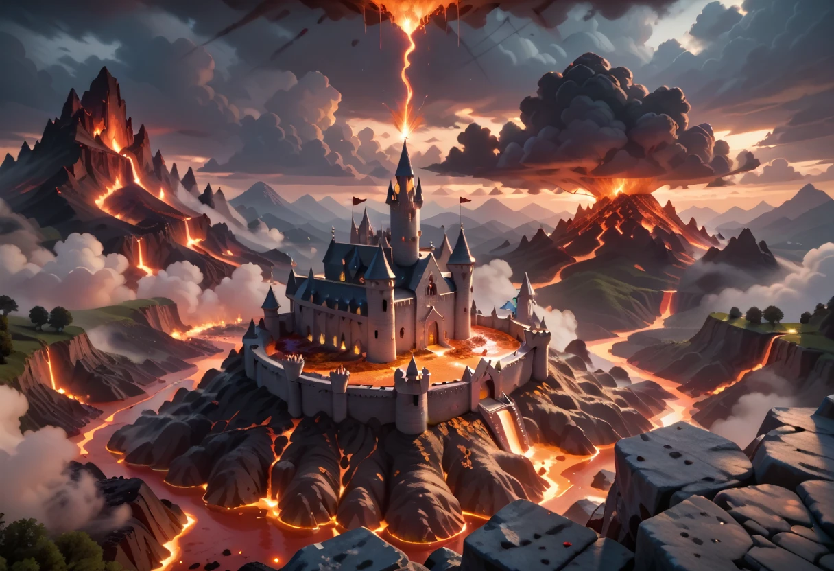 bird's eye view, medieval castle, evil castle, volcano, lava, thunder, cloudy, dark skies, masterpiece quality, ultra HD, 4K, best quality