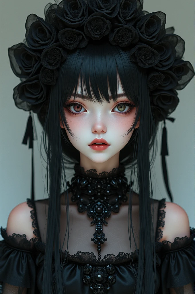 1girl, 20 year old girl, crooked teeth, v shape face, narrow eyes, looking ahead, white skin, small nose, slim, long hair, ta gothic headdress, loliothic dress, tokisaki_kurumi, heterochromia
