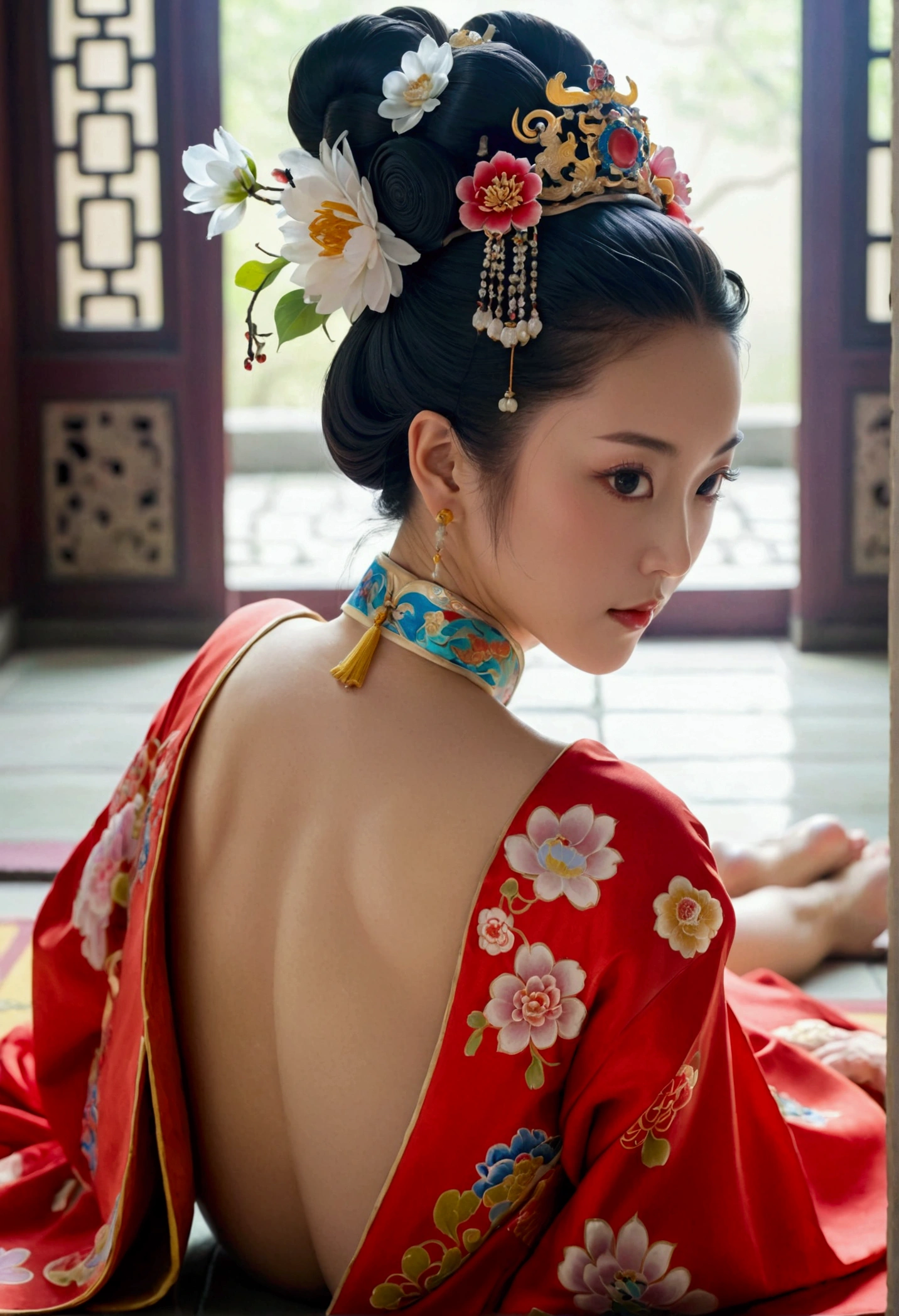 A woman seen from the front, bent over on the ground facing forward, legs spread apart, busty and naked, wearing a crown and showing her thighs and feet from below, in the Chinese imperial court of the Qing dynasty.。She is completely naked, showing off her gorgeous large flowers and hairpins, her hair tied up and pulled up, and the background is the stone paving of the Chinese palace of the Qing Dynasty.