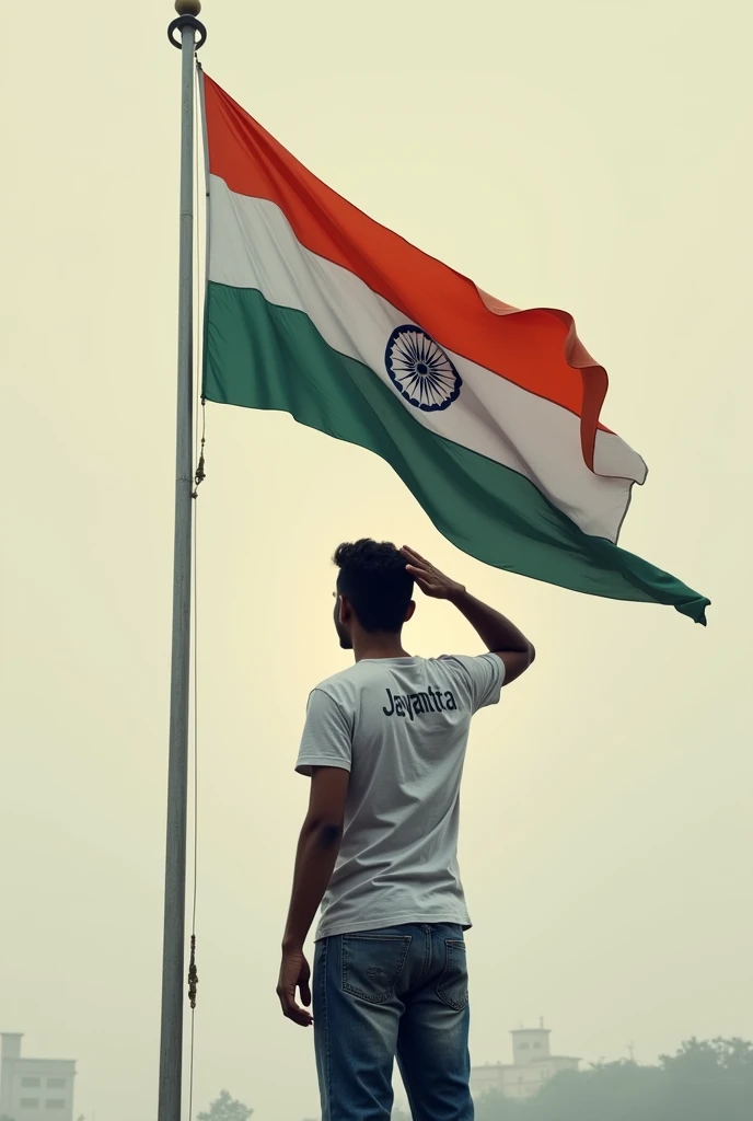 A 27 year old man salute to the Indian flag and his name “Jayanta” written on his t shirt back picture.