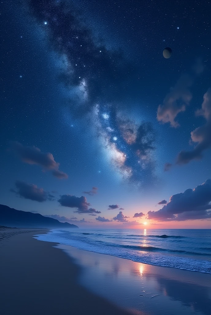 A landscape of the beach at night and in the sky you can see the entire galaxy and planets like Mars, Saturn and Nectune