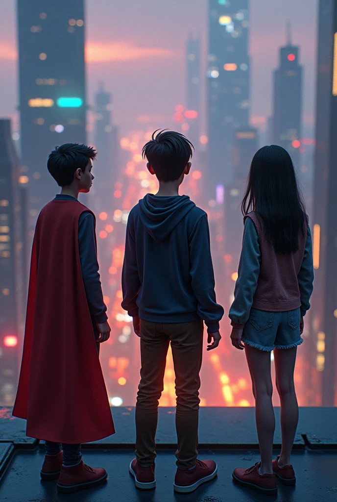 Three teenagers standing on a rooftop overlooking a neon-lit futuristic city at dusk. One boy is poised to run at super speed, with a slight blur effect around him. The girl next to him is partially invisible, fading in and out of sight. The central figure, a boy, is the focus, looking serious and thoughtful as they discuss their plans."