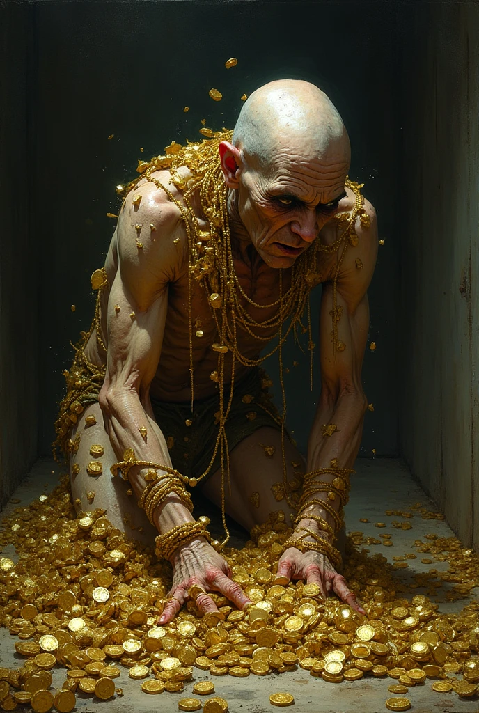 Here is the image representing a  death man struggling under the burden of wealth.