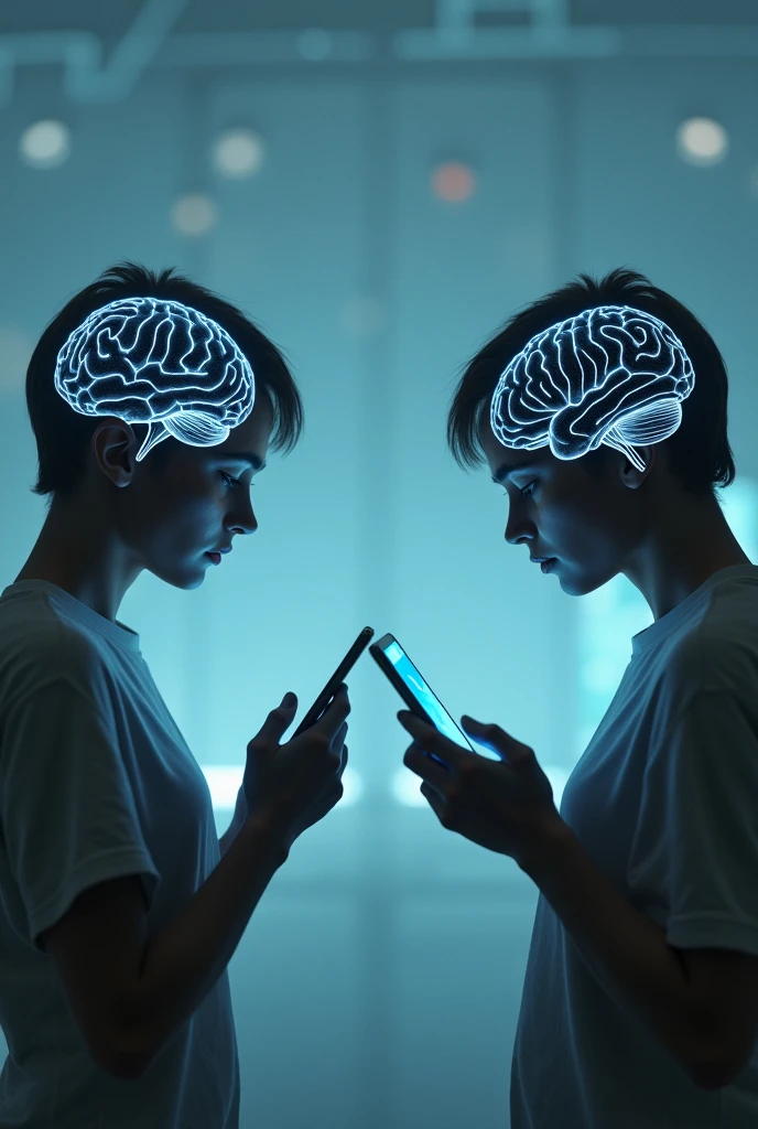 I want an image where you can see mental health in a digital age, people with open brains and phone addiction.