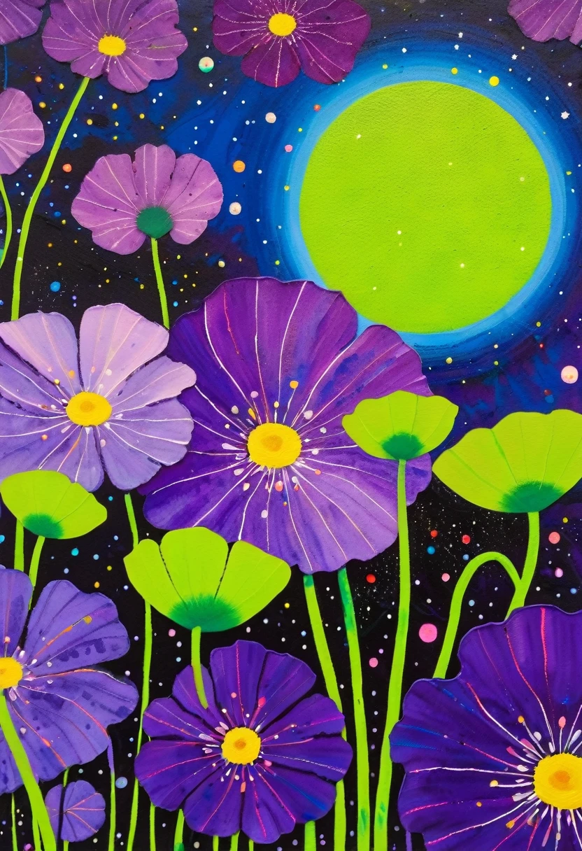 A painting,Inspired by Yayoi Kusama:(((Colorful black,Chalk painting,Oil stick painting,Volume,Thick coating,Uneven texture,Plaster texture,Graffiti,Starry sky)))。Colorful black,(((Dichondra micrantha Urban))), Bright colors, Purple和, cute的, Bright colors,cute, Lavender Color and Color Schemes, 和Purple的配色方案, Beautiful Art, Purple, Whimsical Art, 和Purple色调, Lime and Violet, Close together,, spring, Inspired by Tomokazu Matsuyama, Delightful