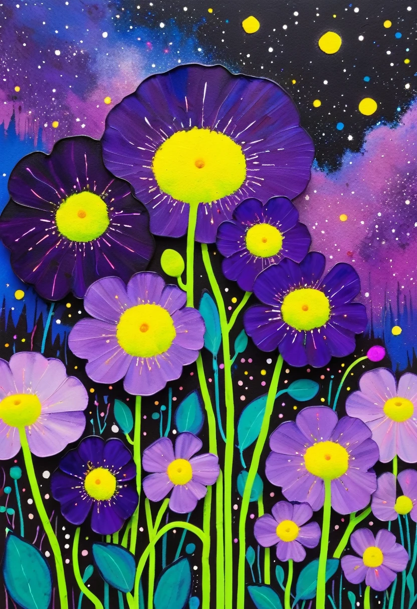 A painting，Inspired by Yayoi Kusama：(((Colorful black，Chalk painting，Oil stick painting，Volume，Thick coating，Uneven texture，Plaster texture，Graffiti，Starry sky)))。Colorful black，((（Dichondra micrantha Urban）)), Bright colors, Purple和, cute的, Bright colors，cute, Lavender Color and Color Schemes, 和Purple的配色方案,  Beautiful Art,  Purple, Whimsical Art, 和Purple色调, Lime and Violet, Close together,, spring, Inspired by Tomokazu Matsuyama, Delightful