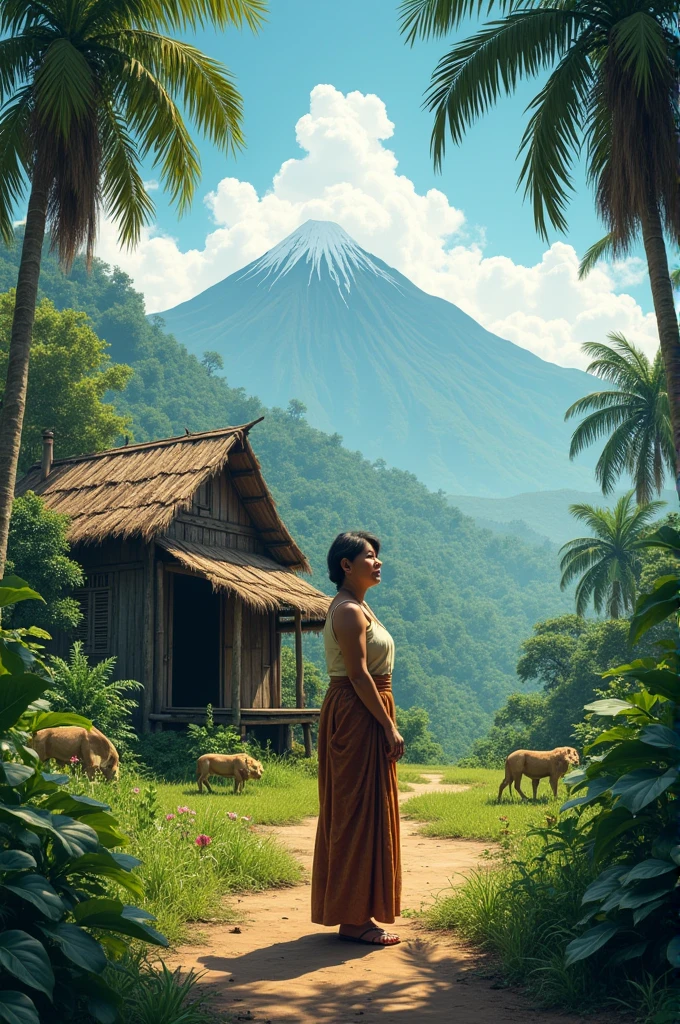 Mam in front of house in jungle with mountain in lion