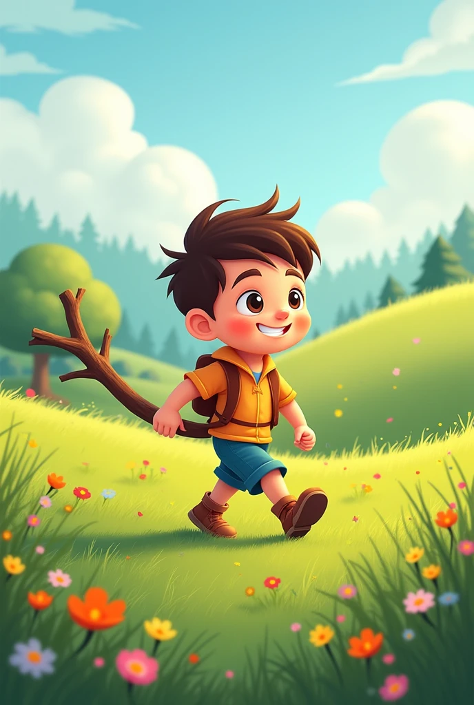 Cartoon image of a half-body image of a single boy, holding a branch, walking in the middle of a meadow.

