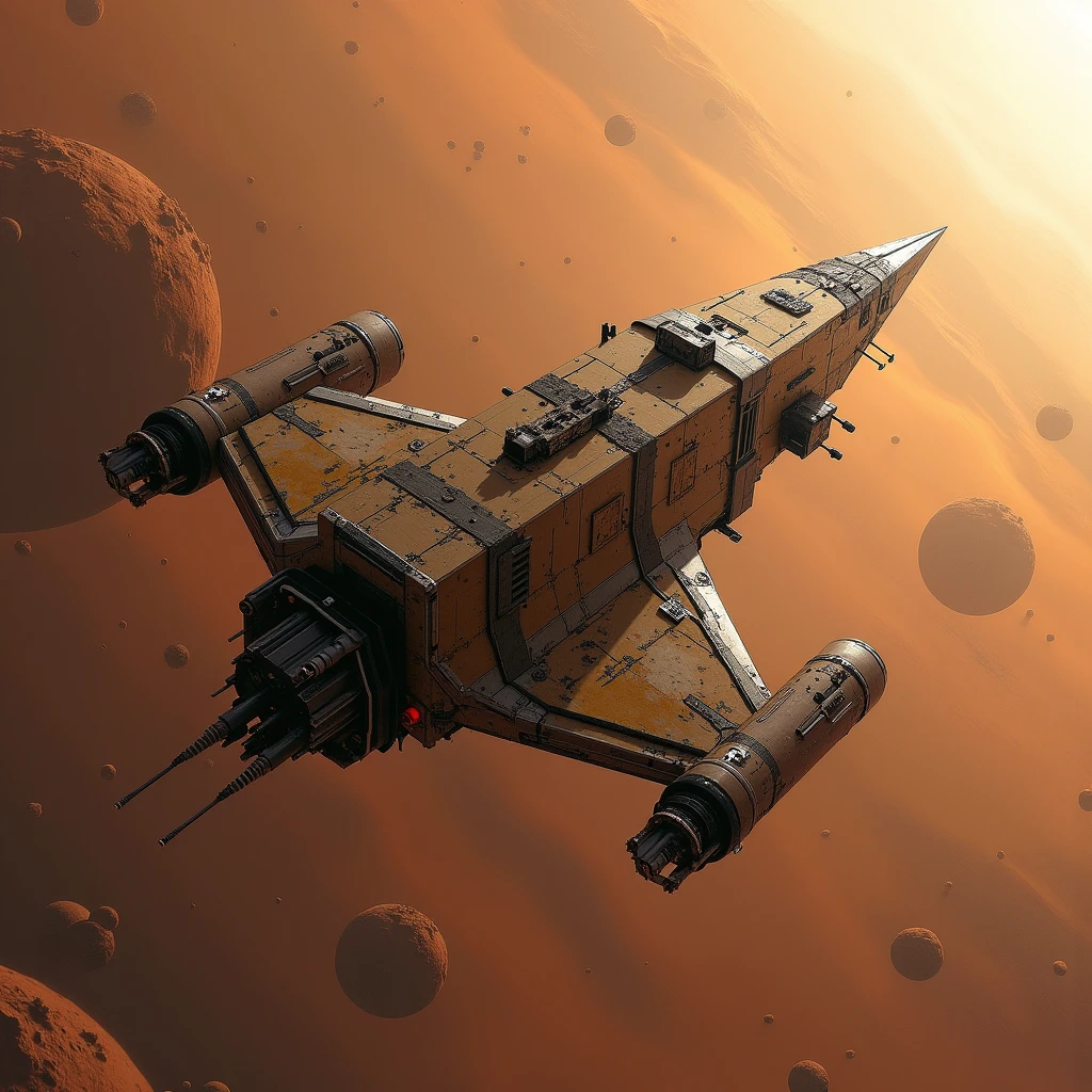 Supply carrier, shuttle ship, science fiction, low technology, Mars, satellite orbit, realistic, precision, masterpiece