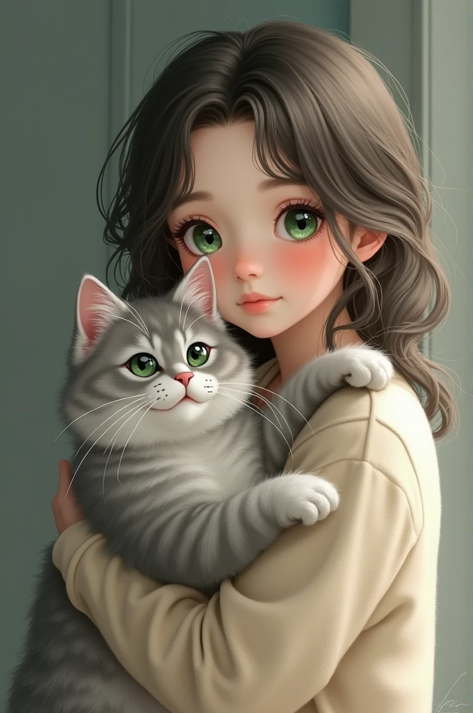 サイベリアンを抱いたハーフツインの。
A girl with half-twins, holding a Siberian cat, has green eyes、a gentle atmosphere in the picture