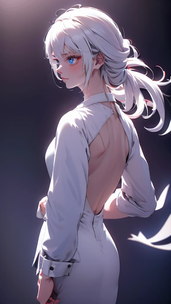1 Girl, medium light white hair, light blue eyes, wearing Black Suit 4D , night club TOWN , high res, ultrasharp, 8K, masterpiece, looking from behind