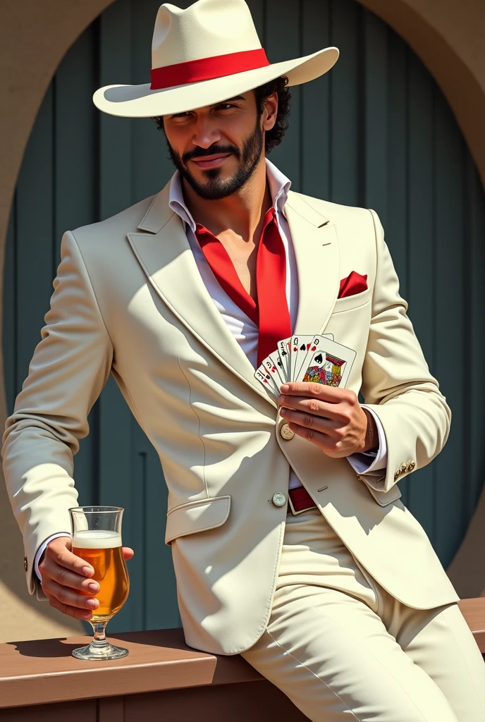 Latin man, wearing a white Panama hat with a red one, almost covering his face. wearing a white suit with a red tie and thin shoes, holding a glass of beer and a deck of cards in his hands. a cheeky, mischievous man, leaning against a half-moon post