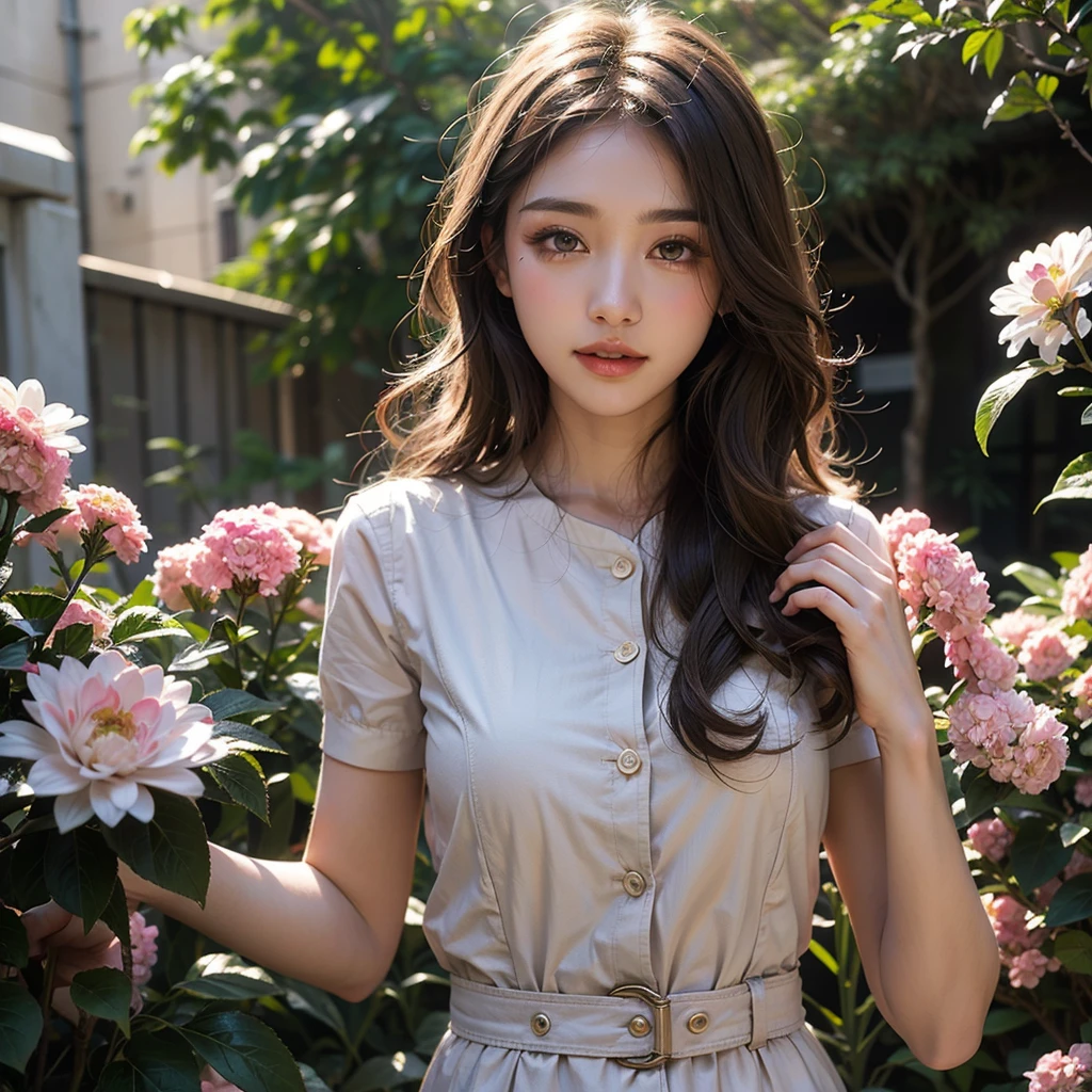 Olive beige hair, Ice Grey Eyes, Colorful flowers、Garden、Fantastic Background、Vibrant colors, Nurse uniform、Paint Splash, Luxury Background、Ray Tracing, Curly Hair, One person, Long Hair,