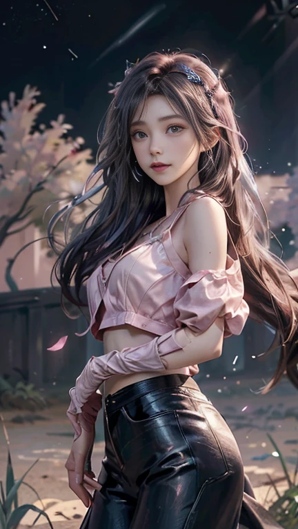 (logo、Masterpiece、8k、Tabletop、RAW Photos、wonderful、最high quality、Photorealistic and detailed CG composite 8K wallpapers、high quality、Very detailed、Narrative poem、Particle Effects、Dynamic Effects、Character Boundary Depth、Cinematic Light、Lens flare、Ray Tracing、Fantasy)、(1 beauty、Black hair、Beautiful Face、Real Face、fine grain、Beautiful Skin、Graceful dancing woman)、Hair fluttering in the wind、Bouncing Hair、Hair fluttering in the wind、Bouncing Hair、Light pink halter neck、Pink Leather Pants、Light pink leather jacket、Silver earrings、night、Wind、darkness、The silence and beauty of the grasslands、Vast land、Lakeside、Wonderful views、Beautiful natural wind scenery、Night Sky