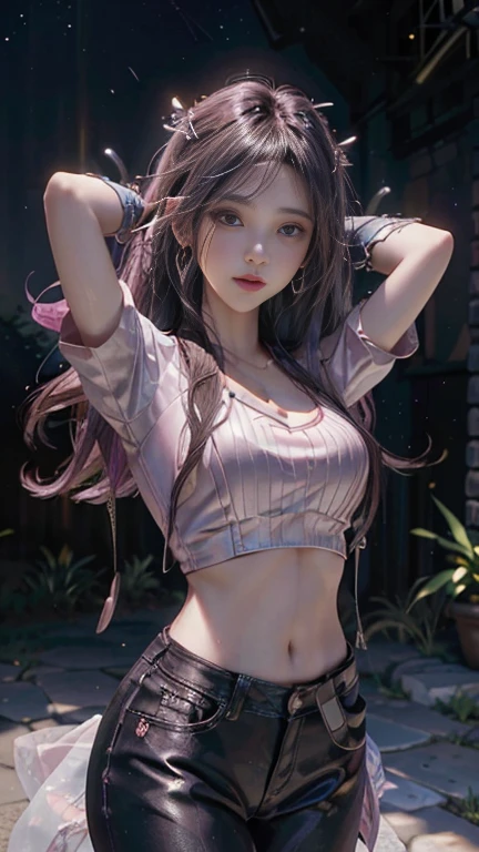 (logo、Masterpiece、8k、Tabletop、RAW Photos、wonderful、最high quality、Photorealistic and detailed CG composite 8K wallpapers、high quality、Very detailed、Narrative poem、Particle Effects、Dynamic Effects、Character Boundary Depth、Cinematic Light、Lens flare、Ray Tracing、Fantasy)、(1 beauty、Black hair、Beautiful Face、Real Face、fine grain、Beautiful Skin、Graceful dancing woman)、Hair fluttering in the wind、Bouncing Hair、Hair fluttering in the wind、Bouncing Hair、Light pink halter neck、Pink Leather Pants、Light pink leather jacket、Silver earrings、night、Wind、darkness、The silence and beauty of the grasslands、Vast land、Lakeside、Wonderful views、Beautiful natural wind scenery、Night Sky