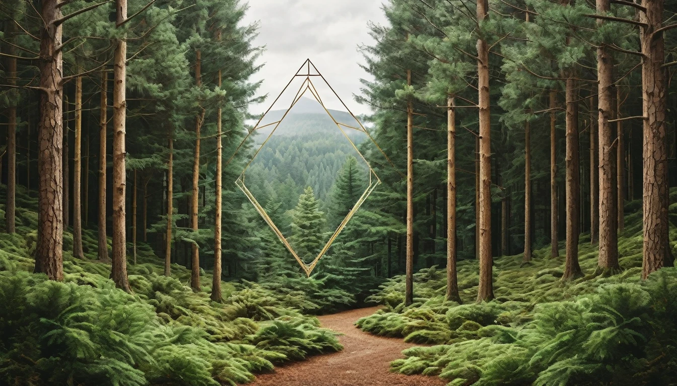Interpretive collage of a geometric forest with surprising and unexpected views