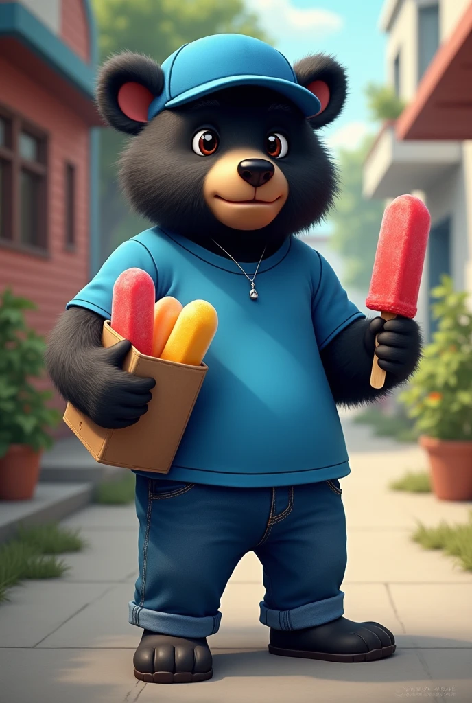 Black Frontino Bear wearing a blue sports shirt, jeans and blue cap that delivers popsicles