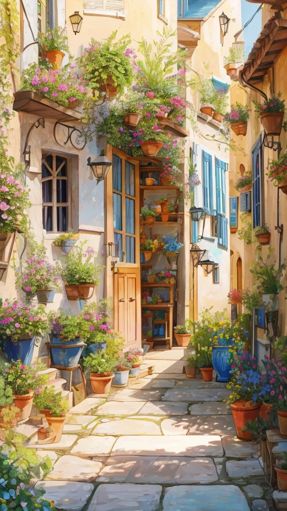 There is a painting of a narrow alley lined with potted plants., French village exterior, Flowered cottage, Quaint village, Inside a French village, French architecture, Large windows overlooking the French cityscape, Open window ib background, Sunlight and capricious house, Arthur Pang, Vibrant colors with attention to detail, summer morning light, fairy tale place, colorful house, Cottagecore, Sunny morning light