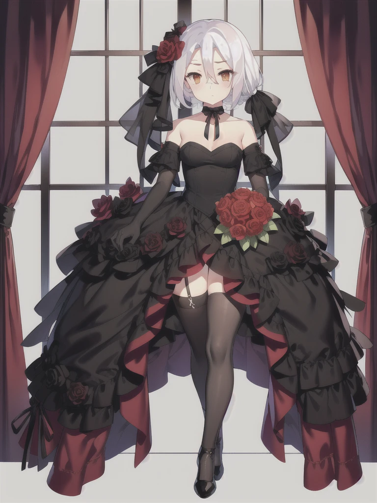 Vittorio_Veneto \(warship girls r\),((masterpiece)),(((best quality))),((ultra-detailed)),((illustration)),((disheveled hair)),((frills)),(1 girl),(solo),1girl,animal,bangs,bare shoulders,black dress,black flower,black footwear,black legwear,black ribbon,black rose,blood,bouquet,breasts,camellia,cat,cleavage,closed mouth,clothed animal,collarbone,dog,dress,elbow gloves,flower,full body,garter straps,gloves,gradient,***,hair flower,hair ornament,high heels,holding bouquet,holding flower,jewelry,long hair,looking at viewer,low ponytail,medium breasts,orange eyes,pink rose,pubic tattoo,purple rose,red eyes,red flower,red rose,rose,rose petals,rose print,shoes,solo,spider lily,spot color,standing,strapless,strapless dress,stuffed animal,stuffed toy,thighhighs,thorns,twintails,short hair,white cat,white hair,white rose,Black wedding dress,long wedding dress,