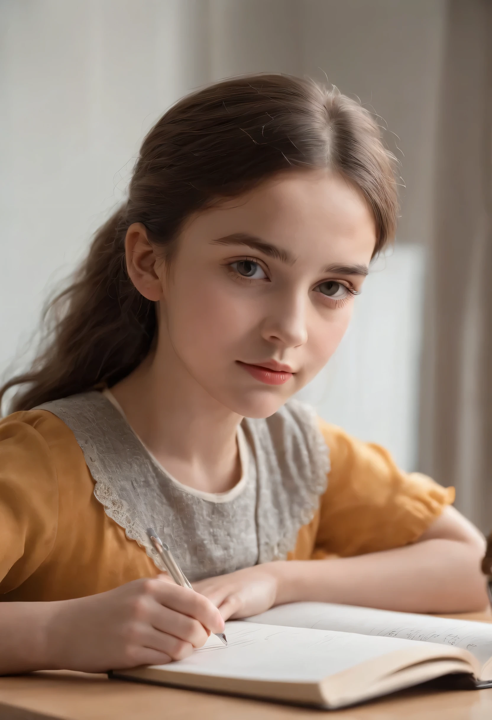 (best quality,4k,8k,highres,masterpiece:1.2),ultra-detailed,(realistic,photorealistic,photo-realistic:1.37),A young girl, about 10 years old, sits at her desk in her bedroom. She is wearing a school uniform and has her hair tied back in a ponytail. She is focused on her homework, which is spread out in front of her. There is a poster of her favorite band on the wall behind her, some books and a lamp is on table in front of her, lamp is glowing softly, She is using a pencil to write in a notebook. The room is well-lit by a desk lamp. There is ,beautiful detailed eyes,beautiful detailed lips, extremely detailed eyes and face,,curly hair,focused expression,concentrating,intense concentration, magical pencil,glowing magical pencil,vivid colors,colorful pencils,and,table,sketching,new school,children,