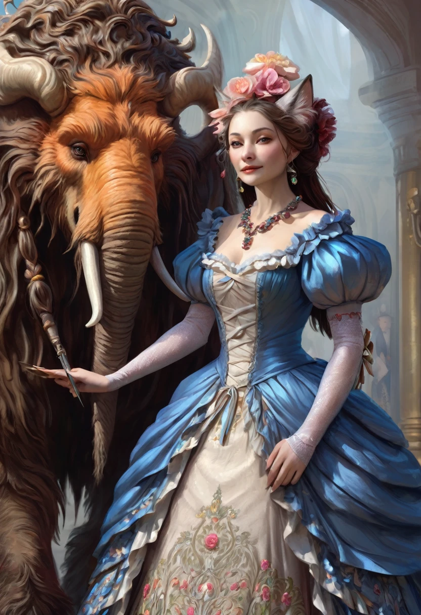 Brian Froud Inspired Beautiful Humanoid Creature. Cross Between A Wholly Mammoth And A fox. femenine. Friendly And Inviting Looking. Exudes Good And Kindness. Wearing A 1920 Dress. Official Art, Award Winning Digital Painting, Digital Illustration, Extreme Detail, 4k, Ultra Hd, Rococo, Polished, Intricate, Realistic Fantasy Art, Sharp Focus, Concept Art, Art By Wlop, Artgerm, (2d Vector Illustration)
