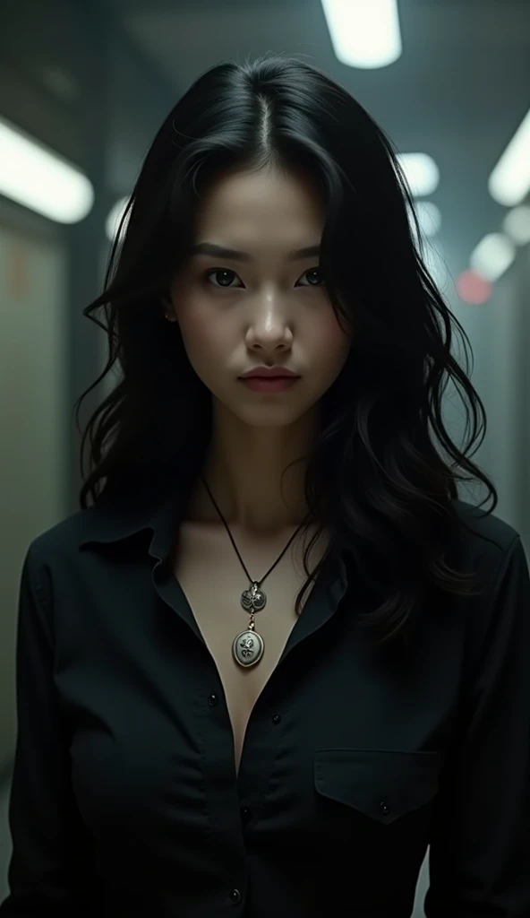A woman wearing a black shirt with a long wavy black hair and wearing a detective member sign necklace