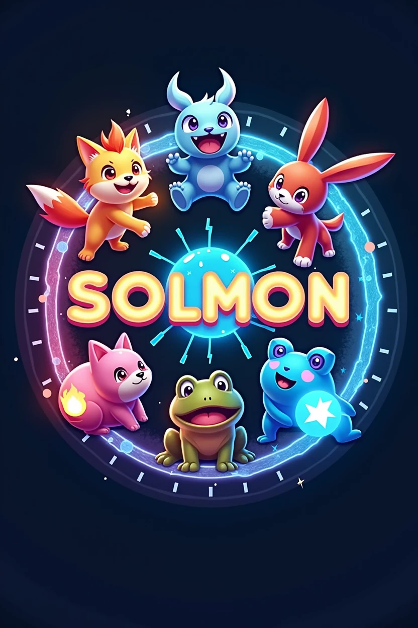 Design a circular logo for 'SOLMON - Solana Monsters' that encapsulates a playful yet powerful aesthetic, similar to the Pokémon style, with a focus on elemental-themed animals. The logo should prominently feature five stylized pets: a cat, dog, bull, frog, and rabbit. Each pet should embody a distinct elemental theme (e.g., fire, water, earth, air, electricity), and their design should reflect this through vibrant colors and dynamic poses.
The pets should be positioned around a central emblem that represents the 'Solana' theme, perhaps using a glowing orb or digital symbol. The pets can either encircle the emblem or be integrated into the design in a way that feels cohesive and balanced.
The circular border of the logo should have subtle textures or gradients reminiscent of digital or cosmic elements, enhancing the futuristic and magical vibe. The text 'SOLMON' should be prominently displayed within the circular design, using bold, rounded typography that is both friendly and adventurous.
Around the text and emblem, incorporate small details like digital sparks, stars, or waves to give the logo an otherworldly, magical vibe. Ensure the overall design is clean, balanced, and visually striking, making it easily recognizable and suitable for branding purposes."
This prompt will guide the creation of a circular logo that features the specific pets and integrates the elemental themes, while maintaining a modern and appealing style similar to Pokémon.