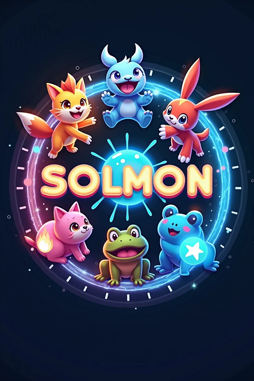 Design a circular logo for 'SOLMON - Solana Monsters' that encapsulates a playful yet powerful aesthetic, similar to the Pokémon style, with a focus on elemental-themed animals. The logo should prominently feature five stylized pets: a cat, dog, bull, frog, and rabbit. Each pet should embody a distinct elemental theme (e.g., fire, water, earth, air, electricity), and their design should reflect this through vibrant colors and dynamic poses.
The pets should be positioned around a central emblem that represents the 'Solana' theme, perhaps using a glowing orb or digital symbol. The pets can either encircle the emblem or be integrated into the design in a way that feels cohesive and balanced.
The circular border of the logo should have subtle textures or gradients reminiscent of digital or cosmic elements, enhancing the futuristic and magical vibe. The text 'SOLMON' should be prominently displayed within the circular design, using bold, rounded typography that is both friendly and adventurous.
Around the text and emblem, incorporate small details like digital sparks, stars, or waves to give the logo an otherworldly, magical vibe. Ensure the overall design is clean, balanced, and visually striking, making it easily recognizable and suitable for branding purposes."
This prompt will guide the creation of a circular logo that features the specific pets and integrates the elemental themes, while maintaining a modern and appealing style similar to Pokémon.