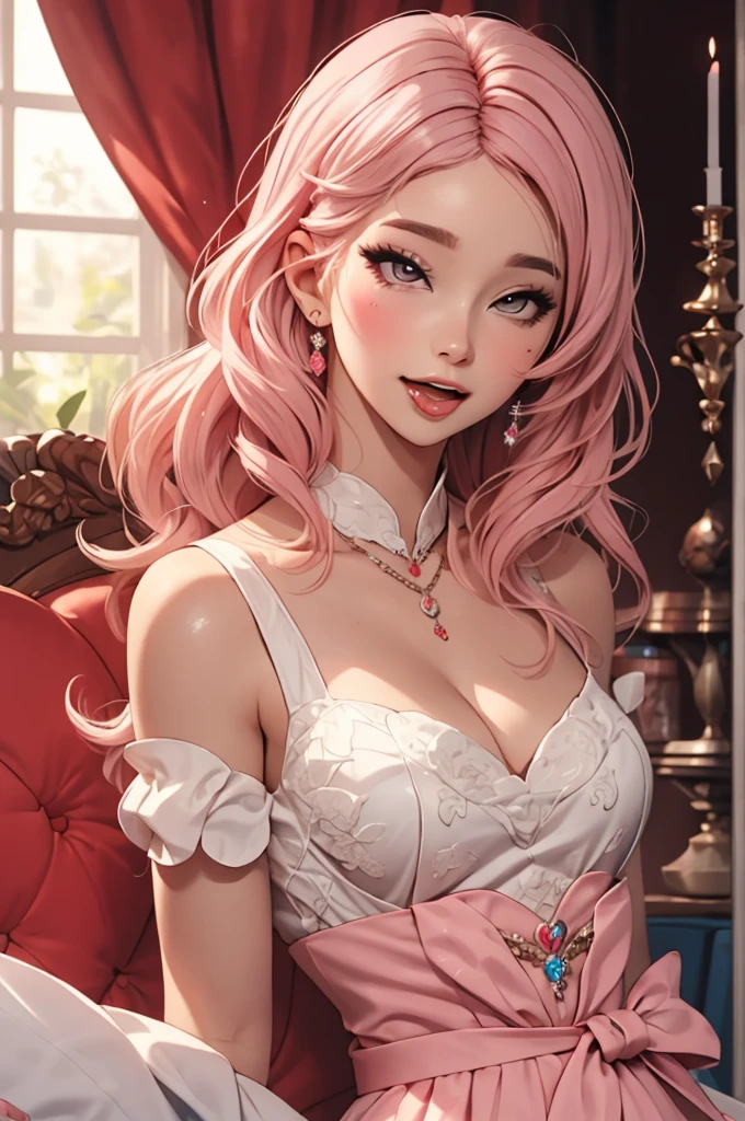 Full body photo, 1woman, Belle Delphine face, ahegao facial expression, ahegao eyes, ahegao tongue, sexy slut, slutty thick curvy body, small breast, royal outfit, long pink hair, matte color scheme