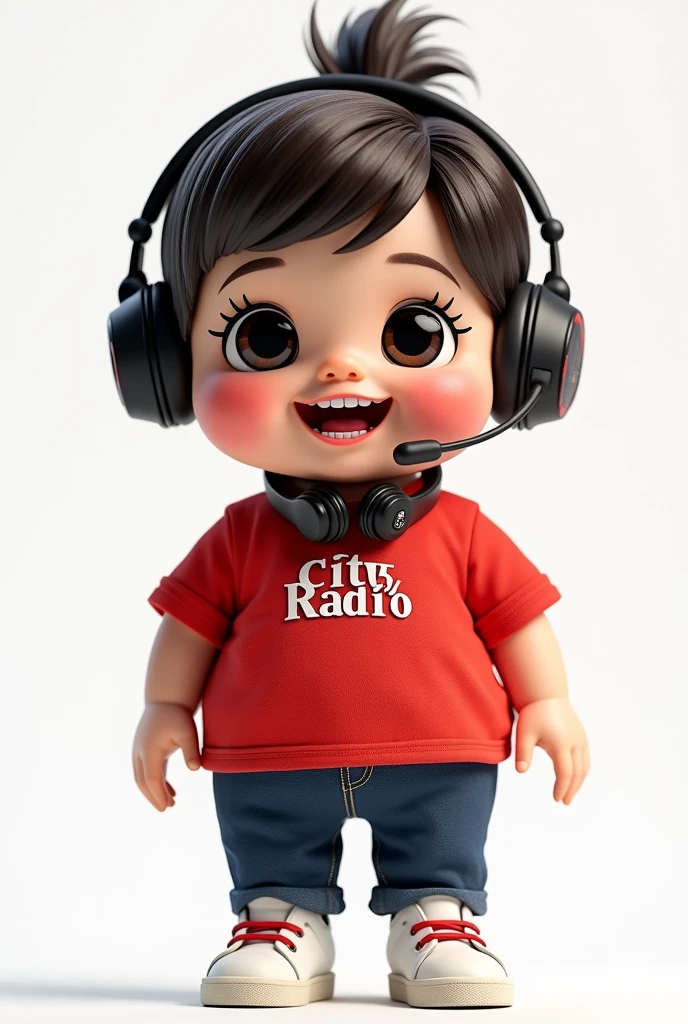 Doll Description:
Shape and Size:
The doll has a rounded and compact shape, measuring approximately 25 cm in height. He's small enough to hug, but large enough that details are easily visible.
The body is slightly plump, with exaggerated proportions for the head, Hands and feet, which adds a touch of cuteness and friendliness to the character.
head:
The doll's head is large and has a rounded shape., with a friendly and expressive face.
olhos grandes e brilhantes, black in color with light spots, convey an expression of curiosity and joy. They are slightly oval and are positioned in the center of the face., standing out a lot.
rosy cheeks, that give a touch of warmth and friendliness, are always slightly colored.
The doll has a wide, friendly smile, showing perfect white teeth, which gives a feeling of constant happiness.
The hair is short and styled in a modern way., with a discreet topknot that adds personality. It can be brown or black in color., with a soft, velvety texture.
Clothing and Style:
The doll wears a vibrant red shirt, of soft cotton, With short sleeves. The shirt is a little loose, creating a comfortable and casual look.
No centro da camisa, the name is printed "City Radio" in large white letters, with a friendly, rounded font that is easy to read and catches the eye. The letters are well defined, with smooth contours.
The shirt has small details, like white buttons on the front and a slightly folded collar, giving a touch of style.
Dark blue jeans complete the doll's look.. The pants are fitted, but not tight, and have white stitching details on the pockets and sides.
the doll wears white sneakers, with thick sole and red laces, matching the shirt. The sneakers have a sporty and comfortable look.
Accessories:
The doll wears a black headset around its neck., with red details