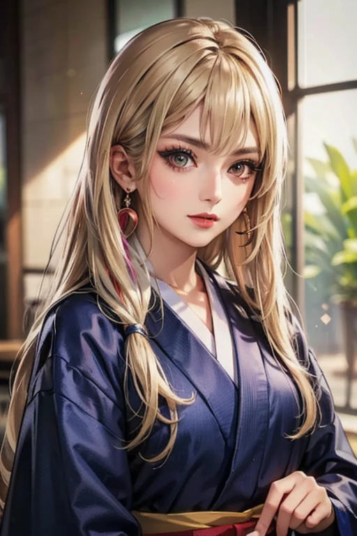 (8k, RAW Photos, Highest quality, High resolution:1.2), (Realistic, photo-Realistic:1.37) , (Highly detailed face and eyes、Beautiful Face、Beautiful Eyes、Beautiful Nose、Pretty lips)、alone, One person, female_concentrated, Sengoku period,kimono,Japanese style background,Black gal,Blonde,Sunburned skin, Earrings,double eyelid、Loose and fluffy perm、Medium Long Hair、Colored contact lenses、Perfect Makeup、Natural Lip、Highly saturated eyeshadow、(Brown people, Dark Skin, Blonde:1.3)