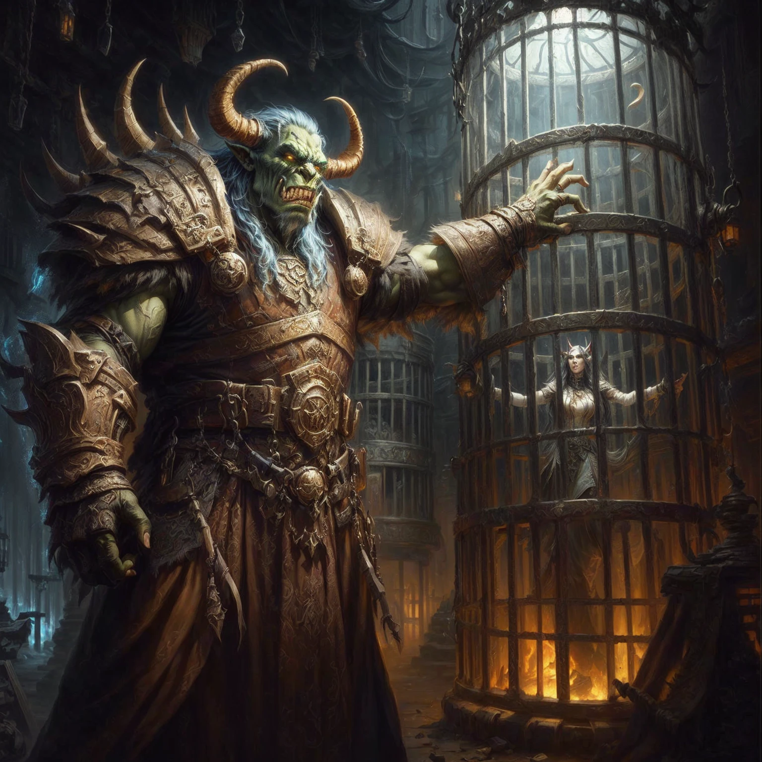 Painting of an orc with horns and a woman in a cage, symmetrical epic fantasy art, on an epic oroboros, dungeons and dragons fantasy art, portrait of an orc, high fantasy concept art, dark fantasy artwork, world of warcraft concept art, menacing orc, orc themed, tyler edlin fantasy art, an orc, epic fantasy artwork