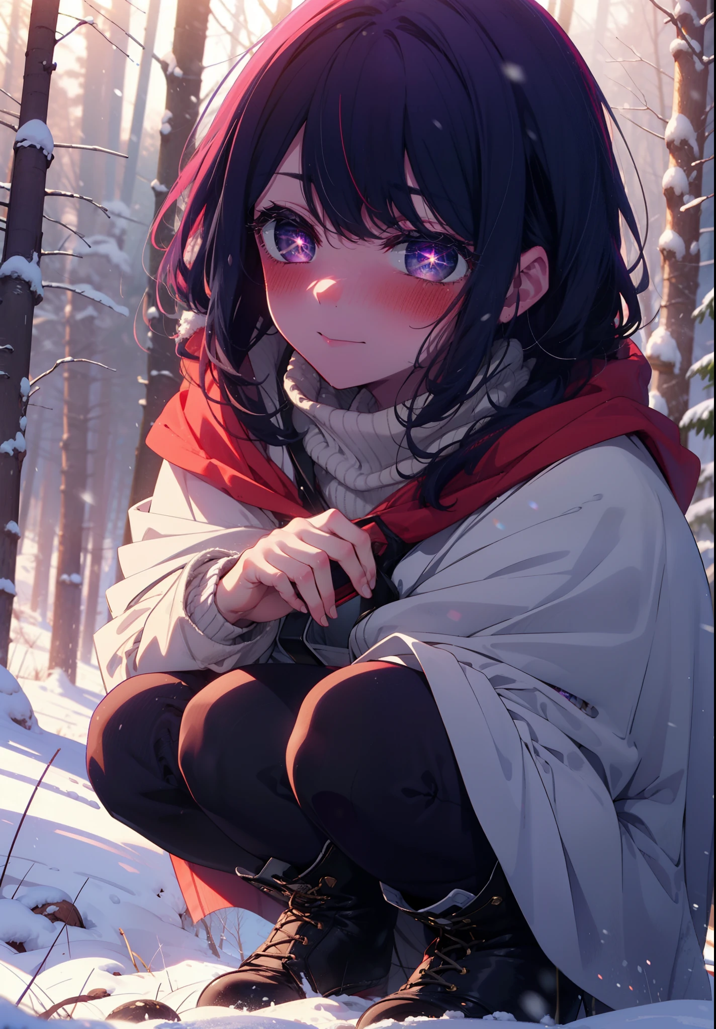 aihoshino, Ai Hoshino, Long Hair, bangs, (Purple eyes:1.1), Purple Hair, (Symbol-shaped pupil:1.5), smile,,smile,blush,white breath,
Open your mouth,snow,Ground bonfire, Outdoor, boots, snowing, From the side, wood, suitcase, Cape, Blurred, , forest, White handbag, nature, Squat, Mouth closed, Cape, winter, Written boundary depth, Black shoes, red Cape break looking at viewer, Upper Body, whole body, break Outdoor, forest, nature, break (masterpiece:1.2), Highest quality, High resolution, unity 8k wallpaper, (shape:0.8), (Beautiful and beautiful eyes:1.6), Highly detailed face, Perfect lighting, Extremely detailed CG, (Perfect hands, Perfect Anatomy),