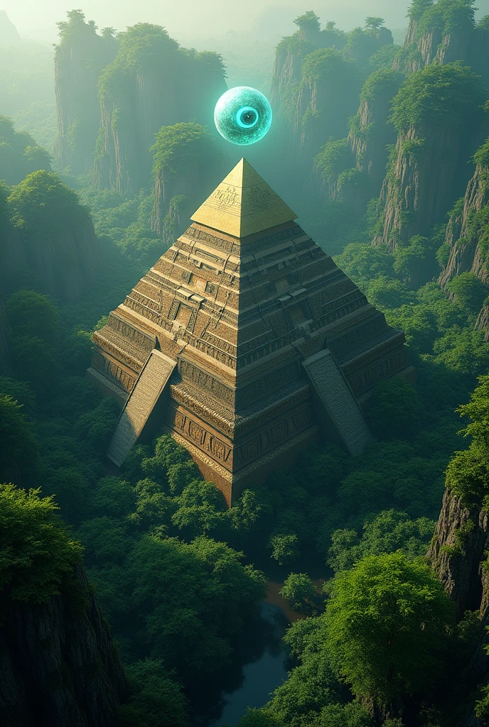 A hidden island in the forest featuring an Egyptian pyramid with a small floating glass eye at the top seen from a drone