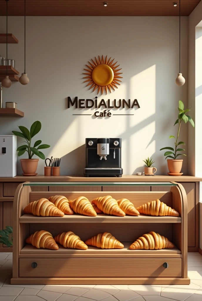 Create a coffee shop with a logo of the Argentine flag&#39;s sun with a croissant inside and the name Medialuna Café, in a classic and minimalist style, where there is a display case with medialunas (Typical Argentine twelve) and in the background an espresso coffee maker 