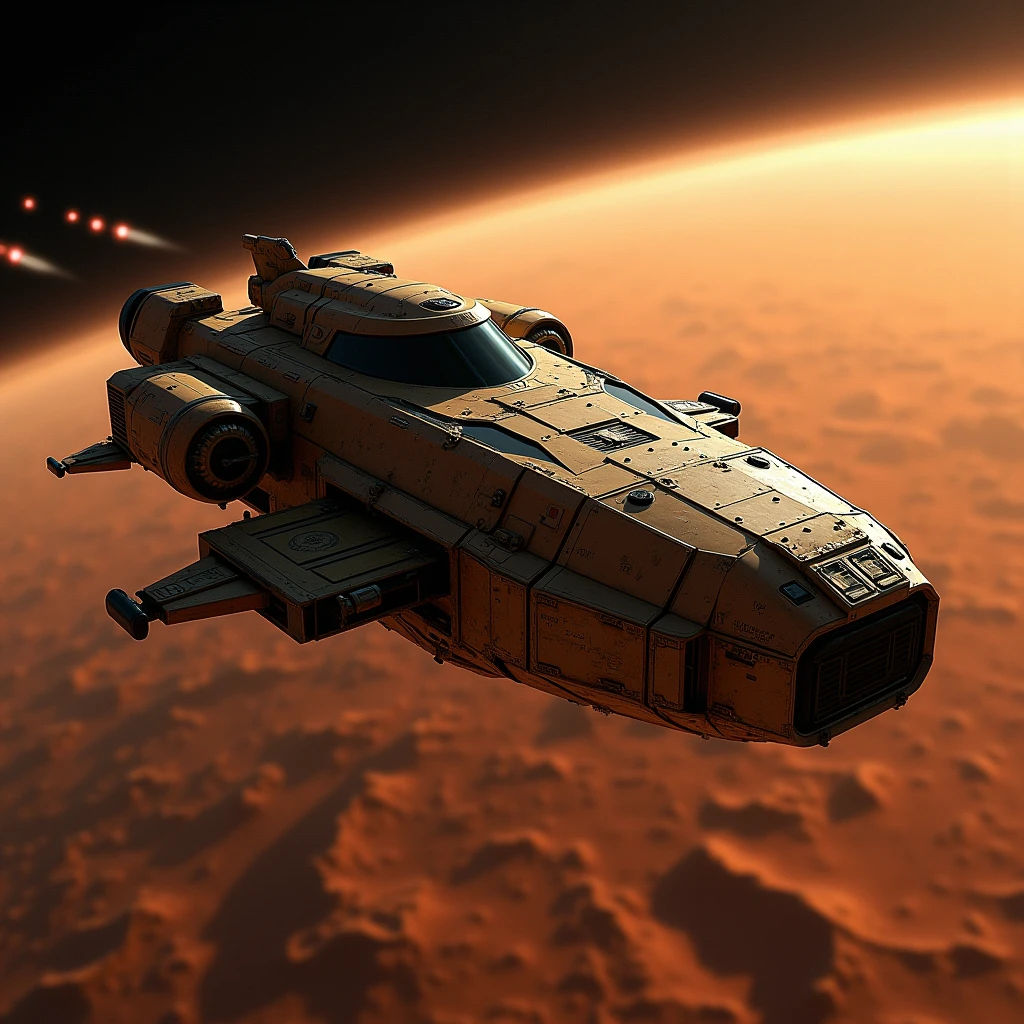 Supply carrier, shuttle ship, science fiction, low technology, Mars, satellite orbit, realistic, precision, masterpiece