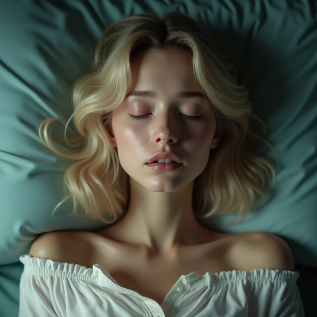 (shoulder-length straight short hair:0.9),(blonde hair:1.5),ï¼ˆExtremely meticulous CG 8k wallpaperï¼‰ï¼Œï¼ˆExtremely refined and beautifulï¼‰ï¼Œï¼ˆMasterpieceï¼‰ï¼Œï¼ˆbest qualtiy:1.0ï¼‰ï¼Œï¼ˆUltra High Resolution:1.0ï¼‰ï¼Œbeautiful light upï¼ŒPerfect lightning,realistic shadedï¼Œ[A high resolution],(Smooth and flawless fair skin:1.5),(shiny skin:1.5),Extremely exquisite facial detailsï¼Œultra - detailedï¼ŒA girlï¼Œsmall head,dawn,dim light,Close Shot,at home,in bedroom,lying flat on back in bed,blue green background,(Close eyes:1.5), sleeping, fainting,(Painful:1.3) ,(open mouth:1.3),(drooling:1.4)ï¼ŒTop down overhead camera perspectiveï¼Œsmall face,ï¼ˆperfect body:1.1ï¼‰,small breastsï¼Œflat chestï¼Œslim,(white pajama shirt:1.5),(femal orgasmic:1.5),(blush:1.3),ahegao,cowboy shot,portrait, (mckenna grace:madi teeuws:cameron richardson)

